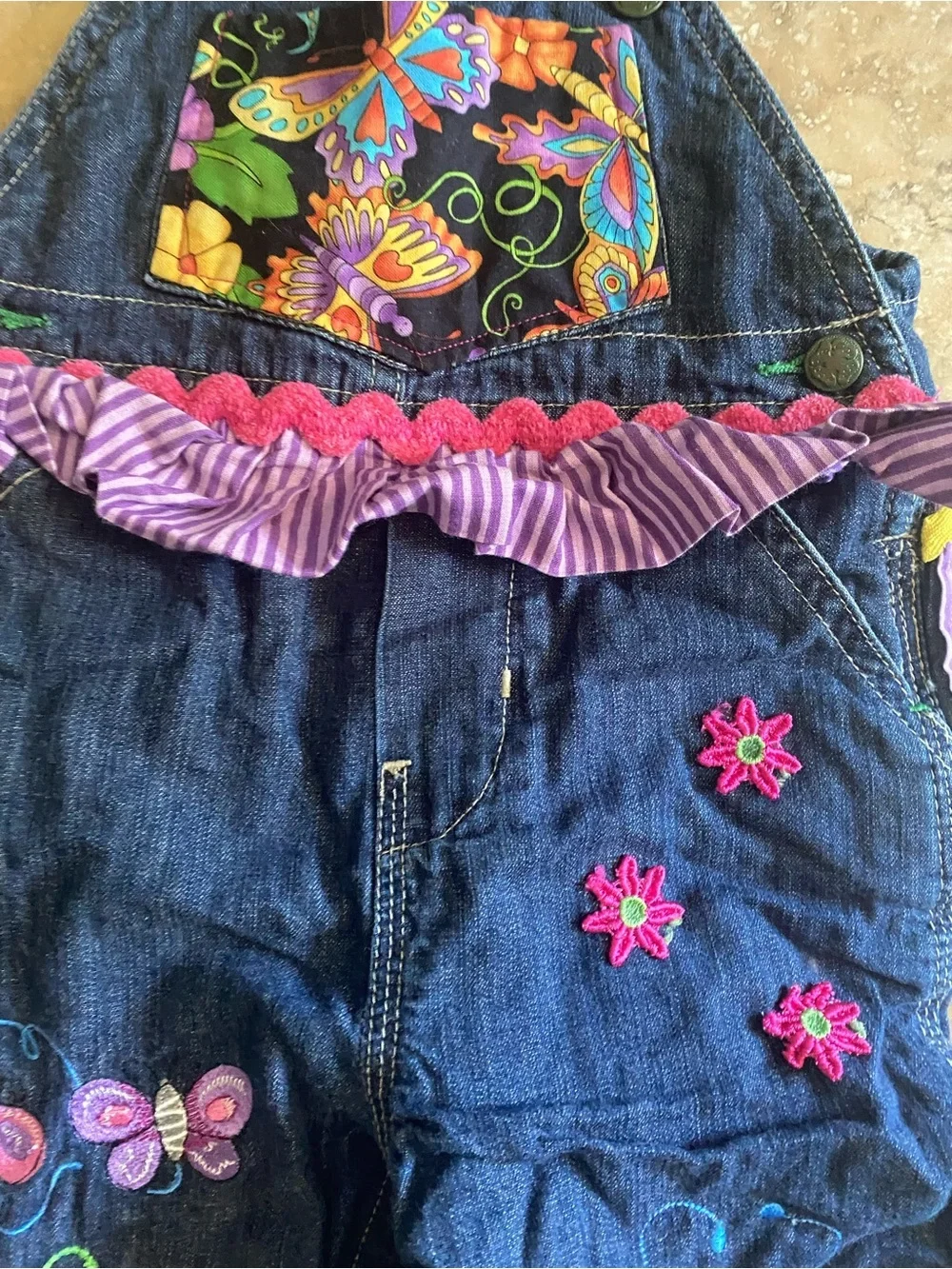 Oshkosh Y2K Denim 12mo Baby Cottagecore Patchwork Butterfly Embroidery Overalls